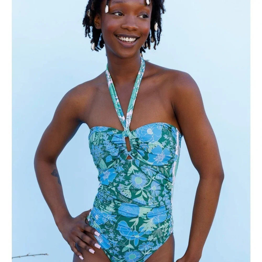 Kitty & Vibe Strapless Halter Floral One-Piece Swimsuit‎